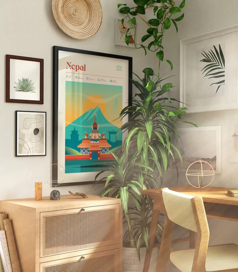 Mid-century modern Nepal retro travel poster