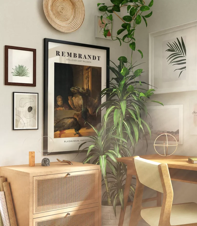 Mid-century modern Rembrandt Stilleven met Pauwen poster