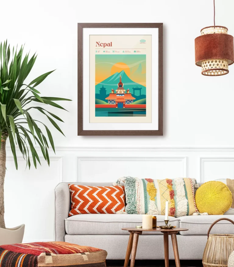 Mid-century modern Nepal retro travel poster