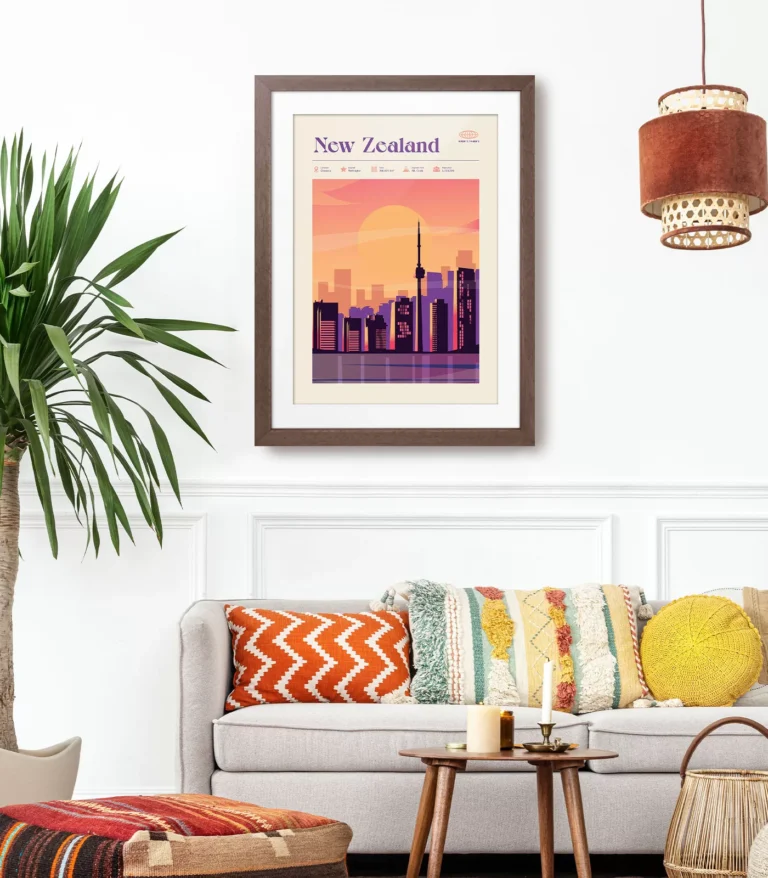 Mid-century modern New Zealand retro travel poster