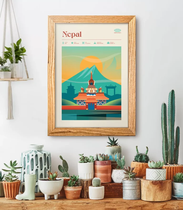 Mid-century modern Nepal retro travel poster