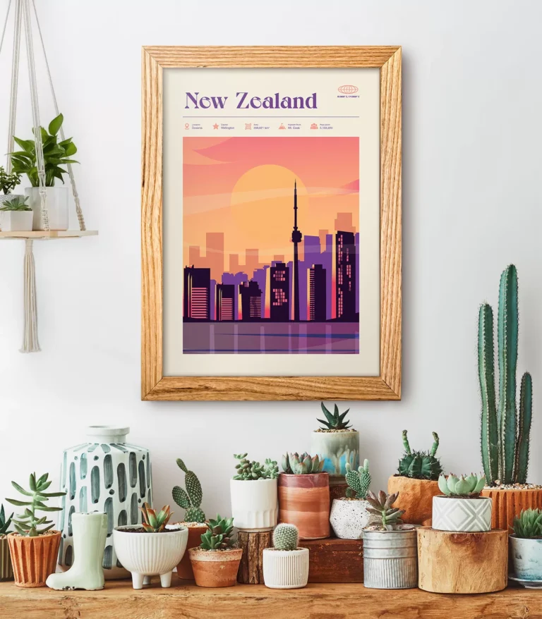 Mid-century modern New Zealand retro travel poster