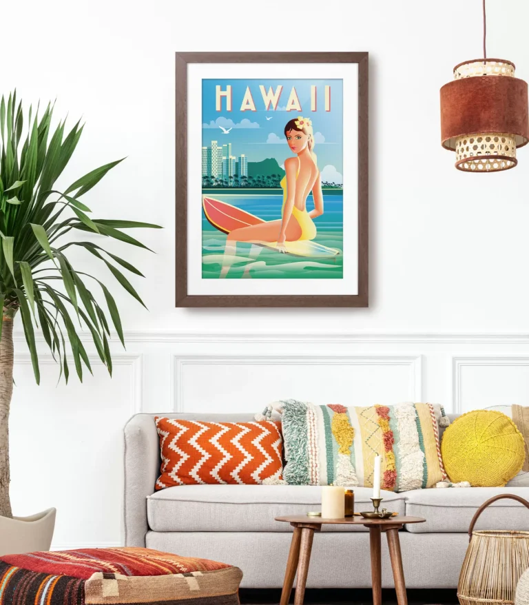 Retro art deco Hawaii travel poster