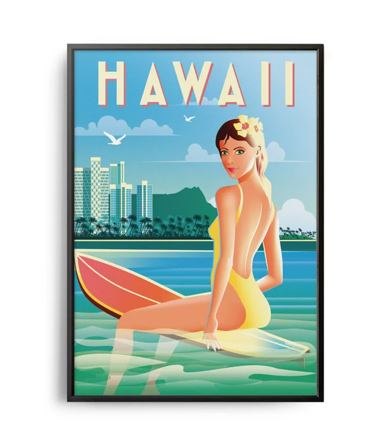 Retro art deco Hawaii travel poster