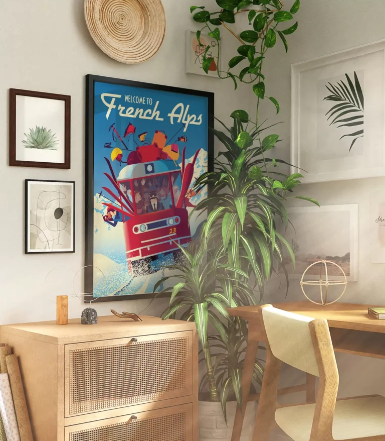 Retro art deco French Alps travel poster