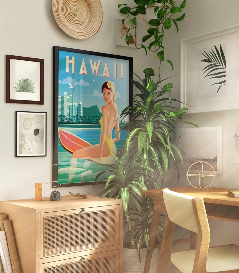 Retro art deco Hawaii travel poster