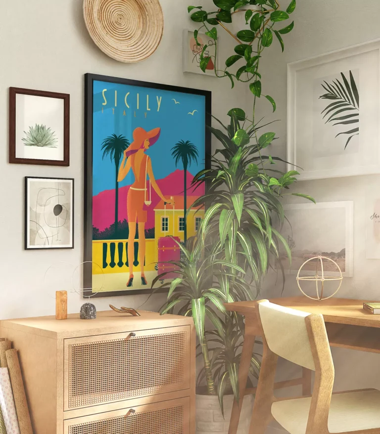 Retro art deco Sicily travel poster