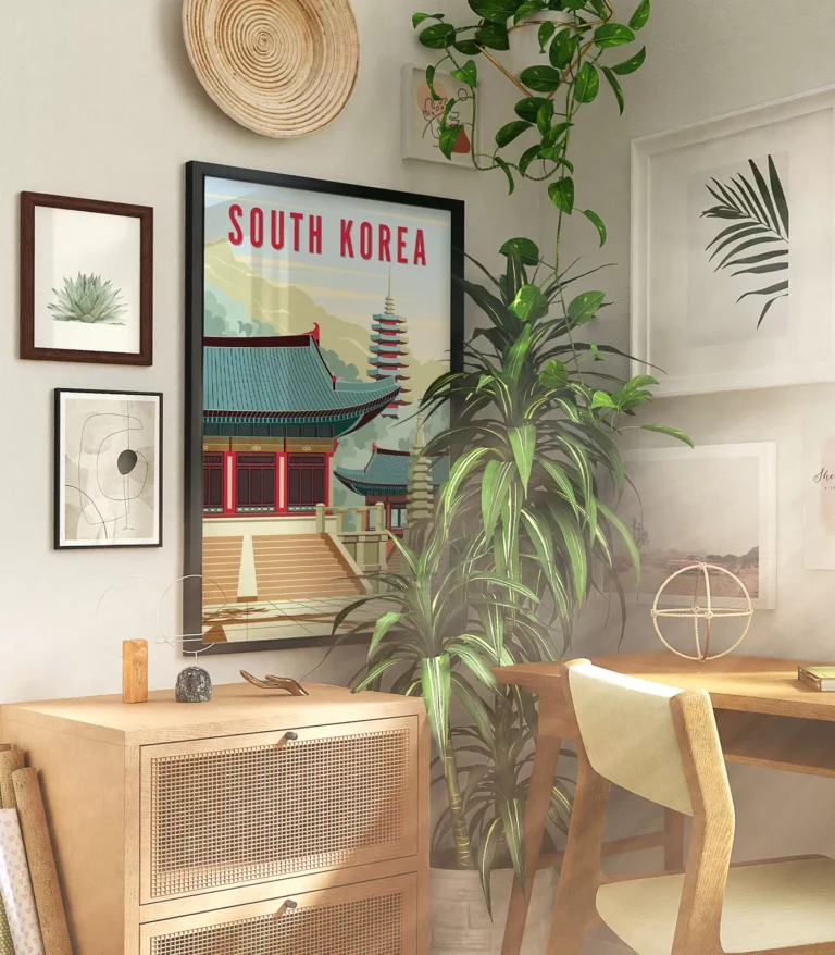 Retro art deco South Korea travel poster