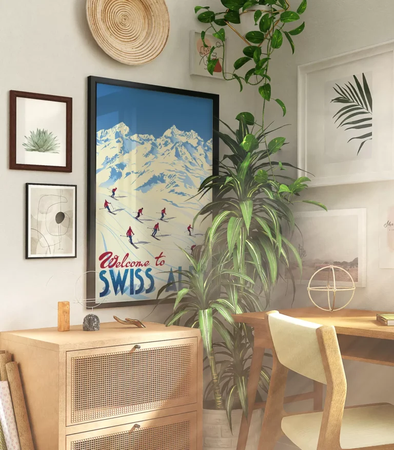 Retro art deco Swiss Alps travel poster