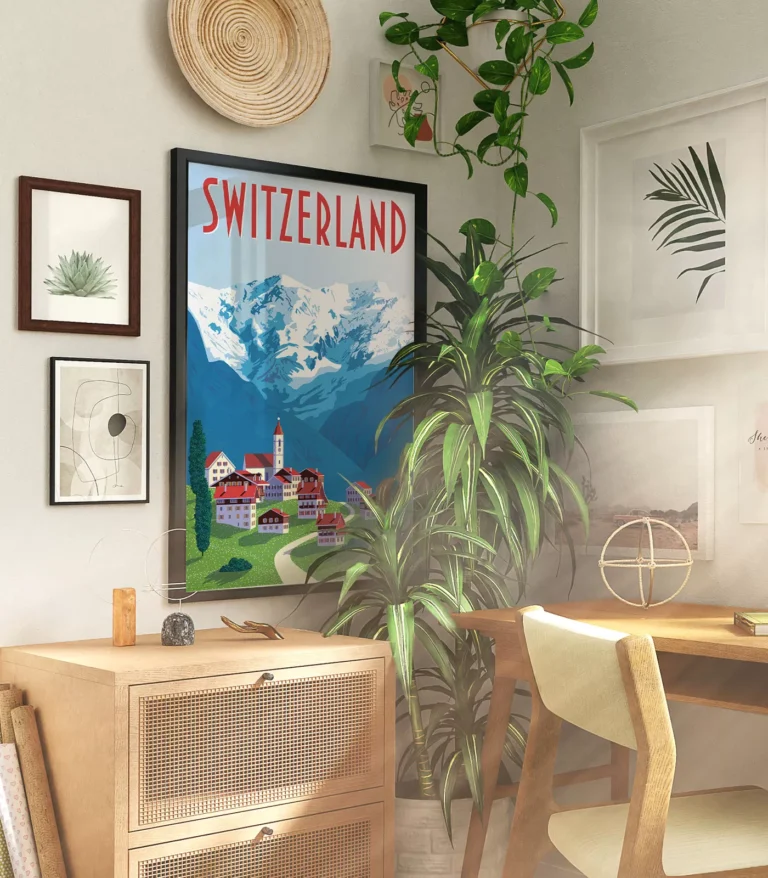 Retro art deco Switzerland travel poster