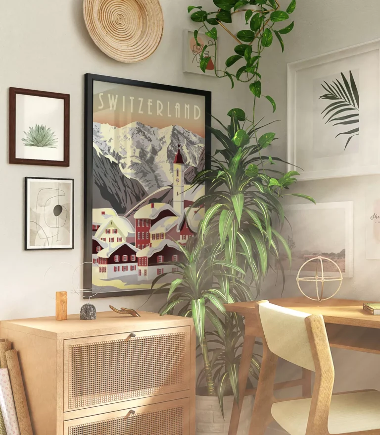 Retro art deco Switzerland travel poster