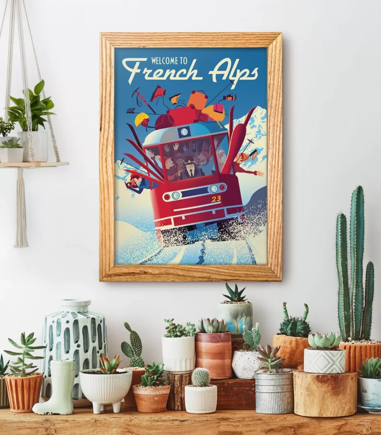 Retro art deco French Alps travel poster