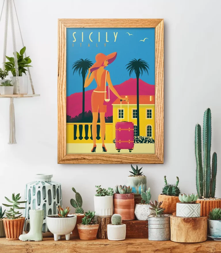 Retro art deco Sicily travel poster