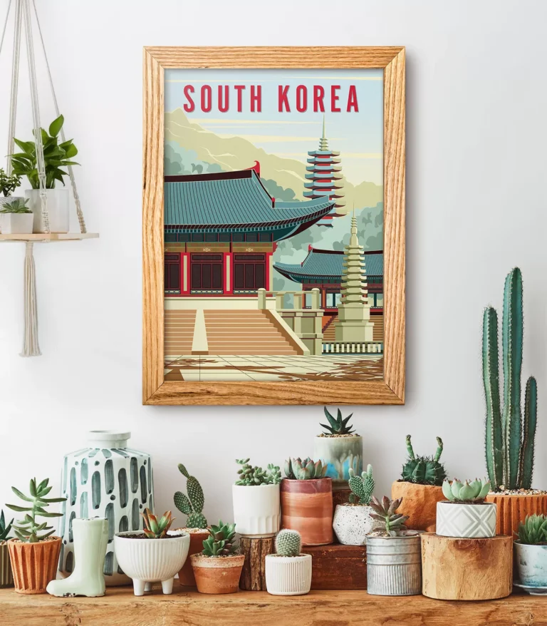 Retro art deco South Korea travel poster