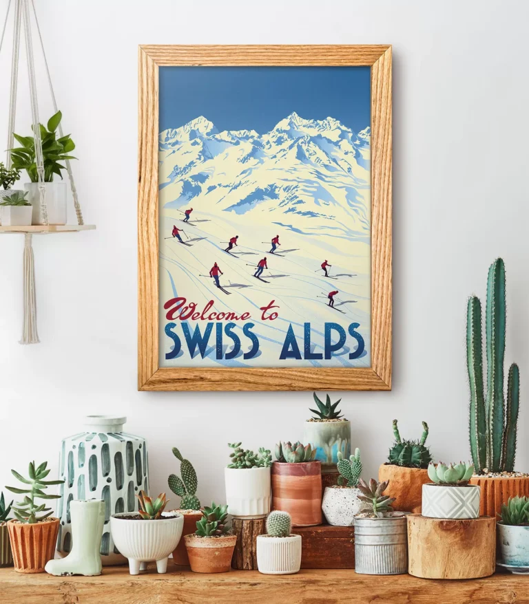 Retro art deco Swiss Alps travel poster