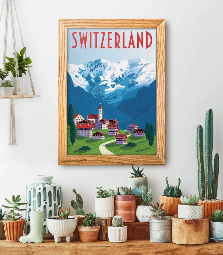 Retro art deco Switzerland travel poster