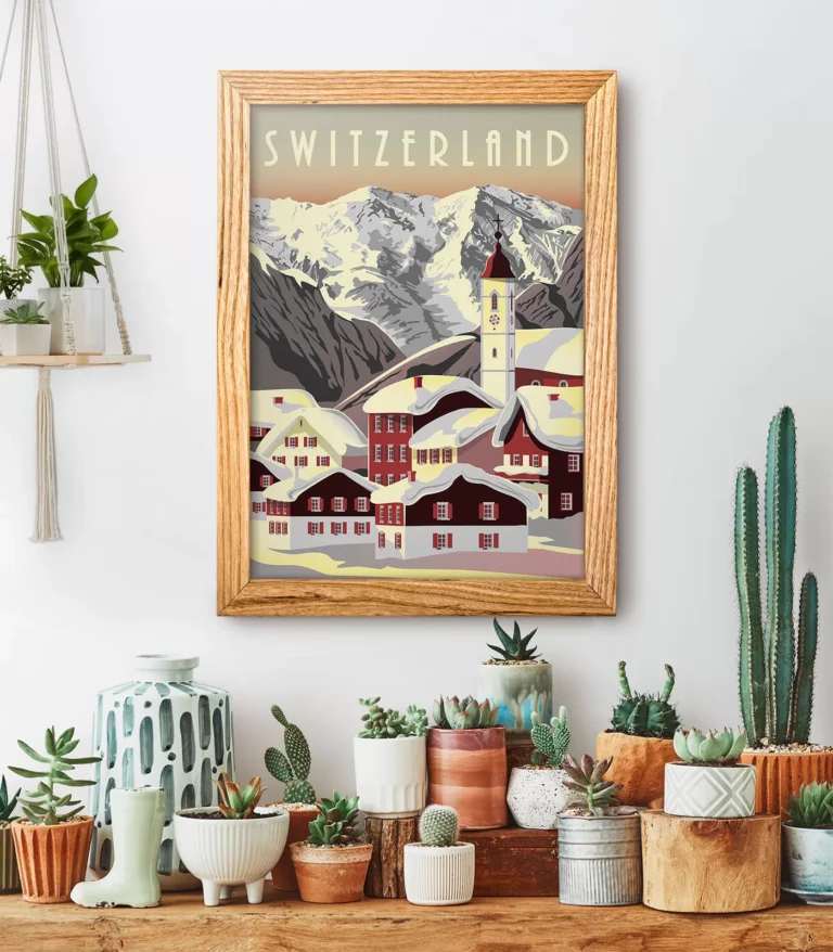 Retro art deco Switzerland travel poster