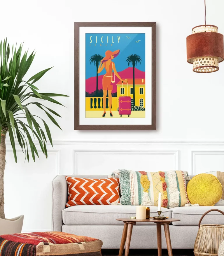 Retro art deco Sicily travel poster