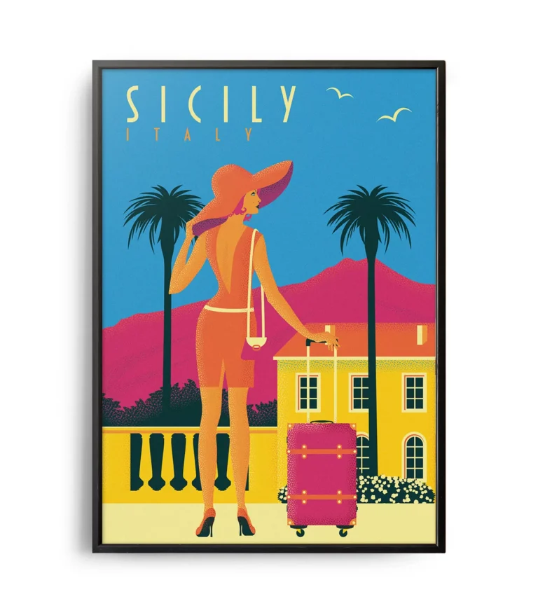 Retro art deco Sicily travel poster