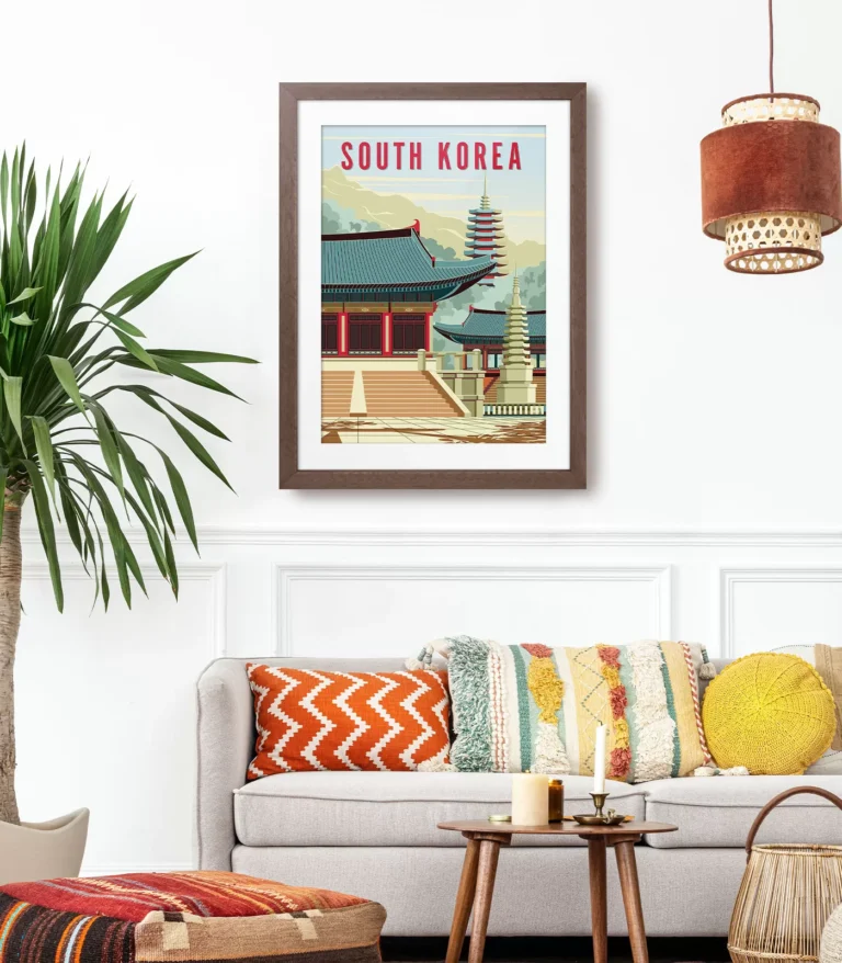 Retro art deco South Korea travel poster