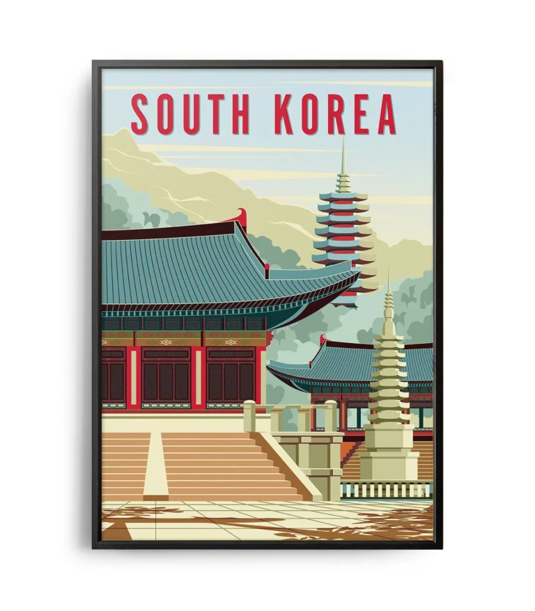 Retro art deco South Korea travel poster