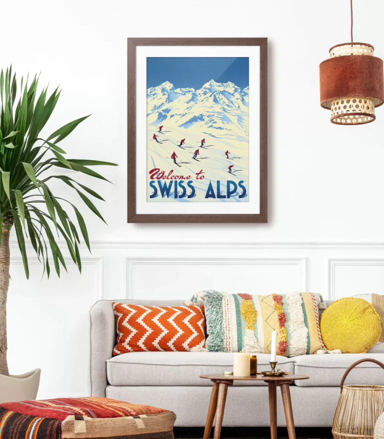 Retro art deco Swiss Alps travel poster