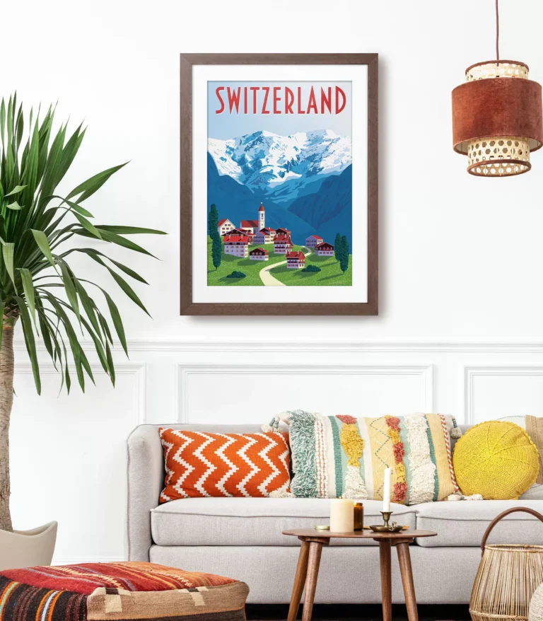 Retro art deco Switzerland travel poster