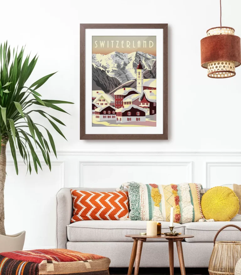 Retro art deco Switzerland travel poster