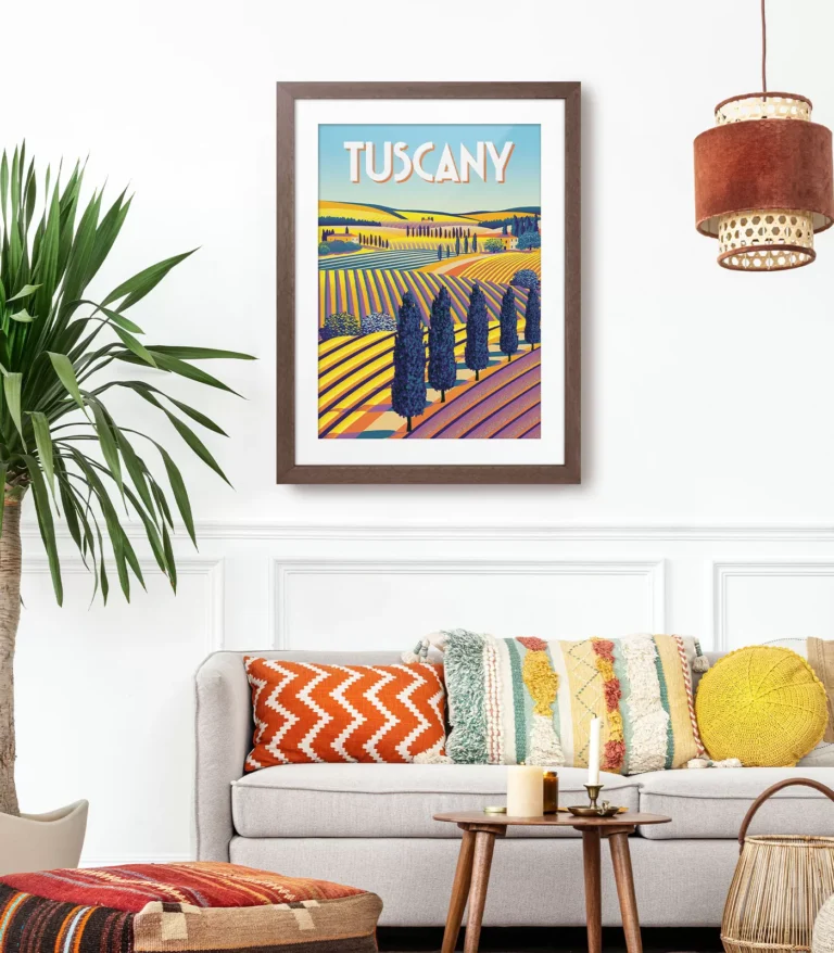 Retro art deco Tuscany travel poster