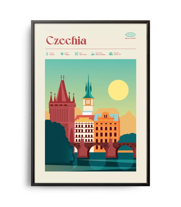Mid-century modern Czechia retro travel poster