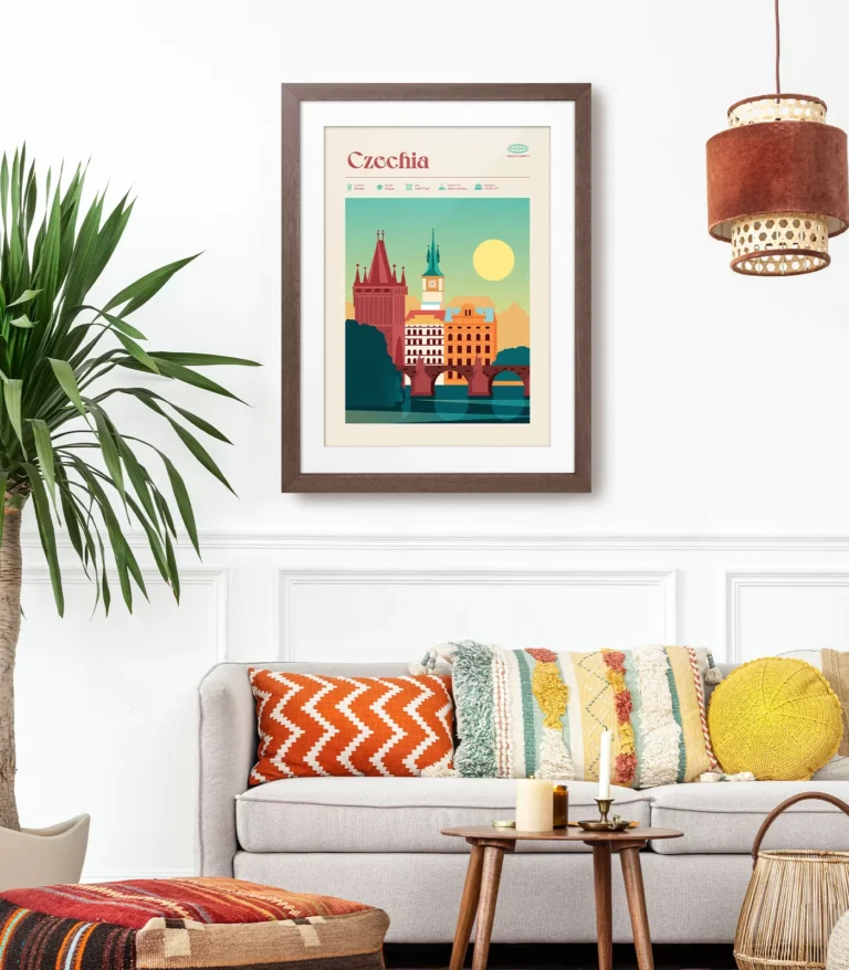 Mid-century modern Czechia retro travel poster