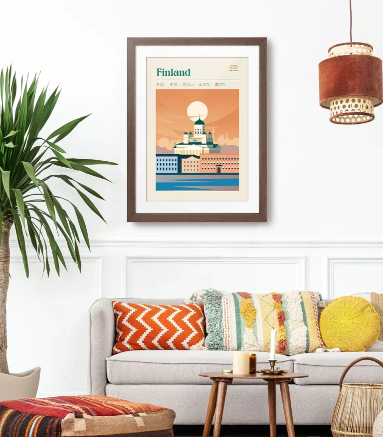Mid-century modern Finland retro travel poster