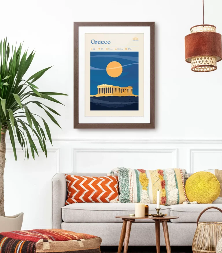 Mid-century modern Greece retro travel poster