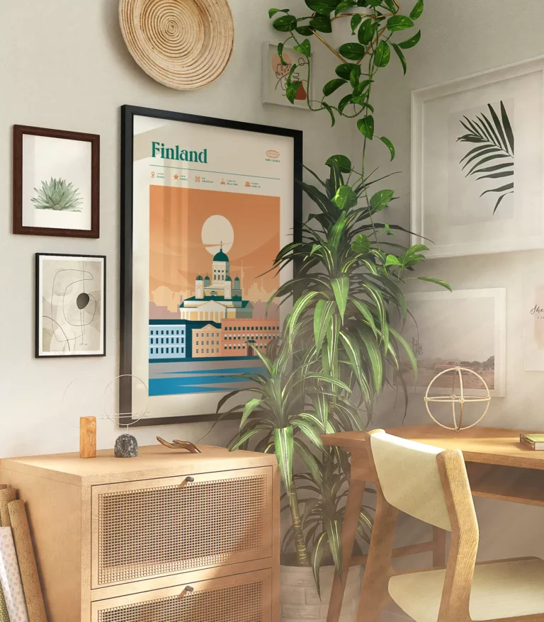 Mid-century modern Finland retro travel poster