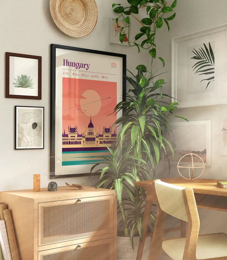 Mid-century modern Hungary retro travel poster