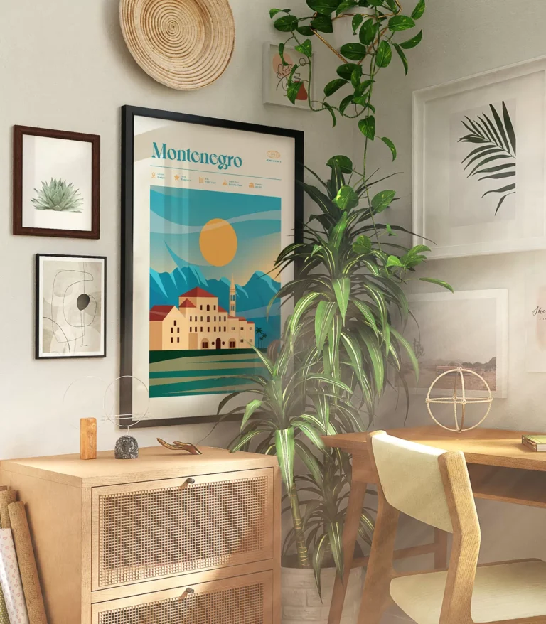 Mid-century modern Montenegro retro travel poster