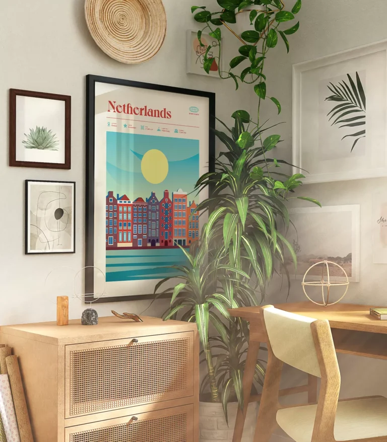 Mid-century modern Netherlands retro travel poster