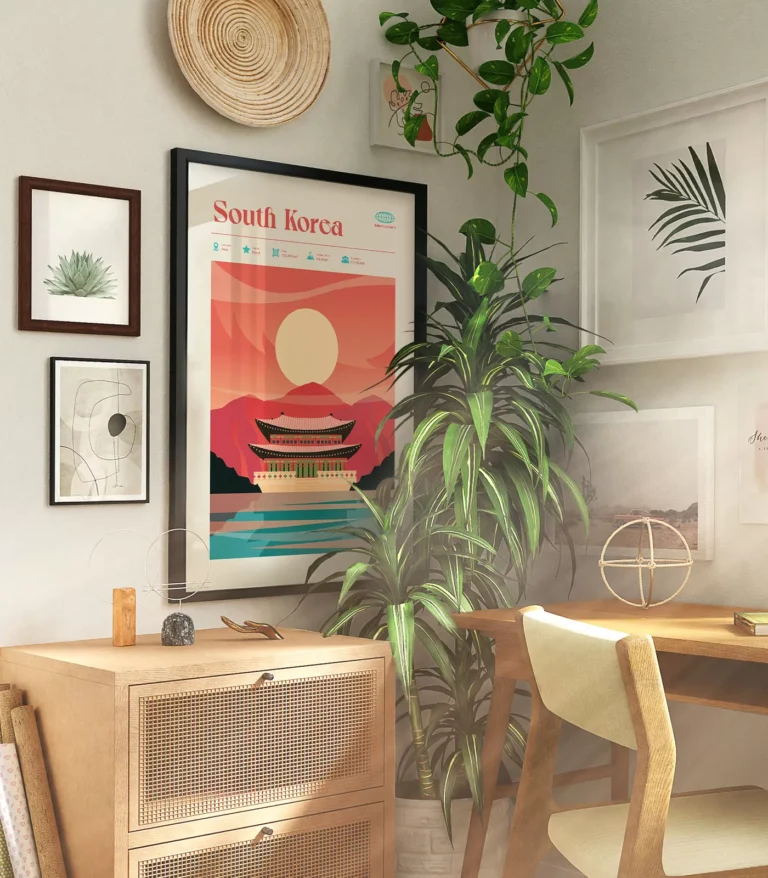 Mid-century modern South Korea retro travel poster