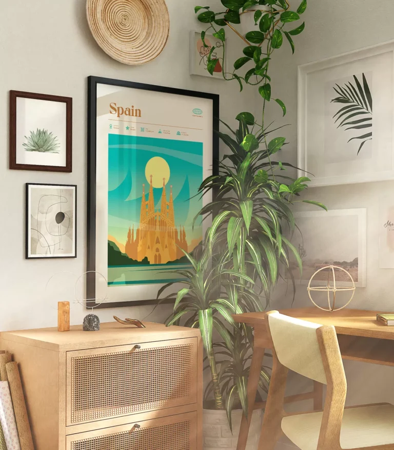 Mid-century modern Spain retro travel poster