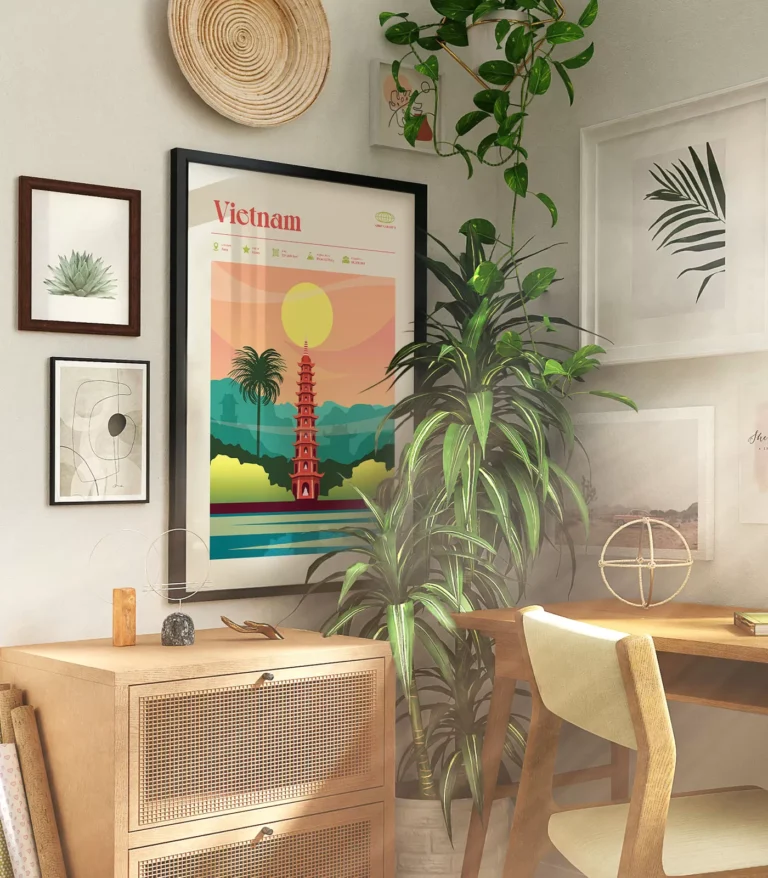 Mid-century modern Vietnam retro travel poster
