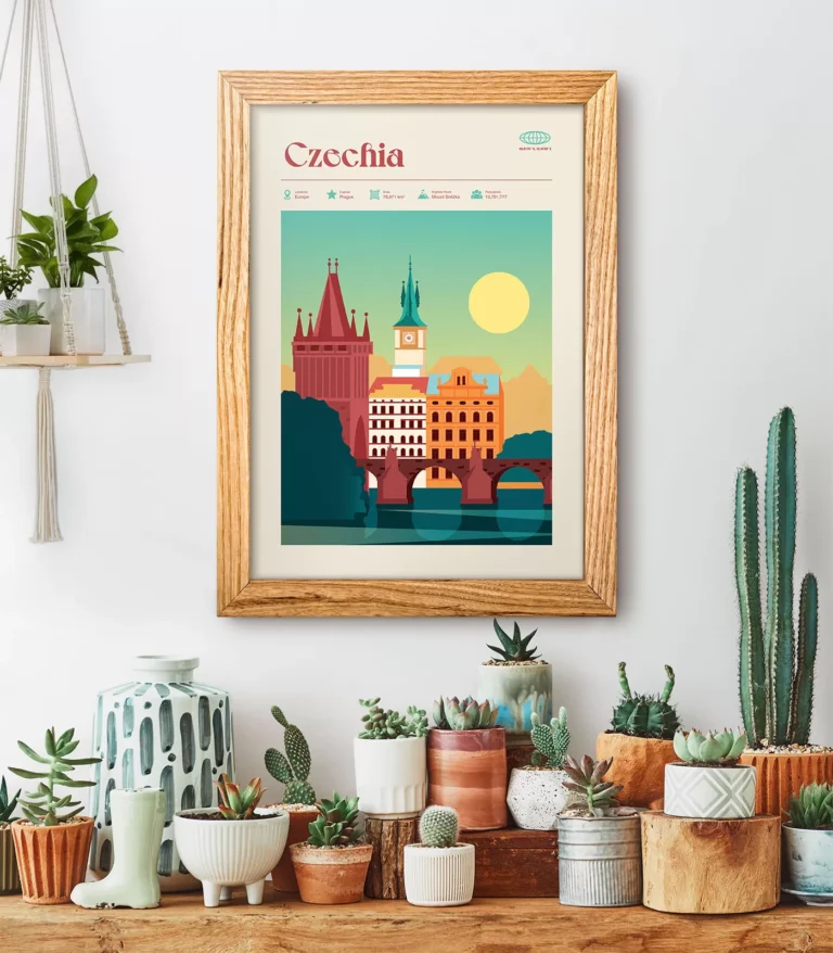 Mid-century modern Czechia retro travel poster