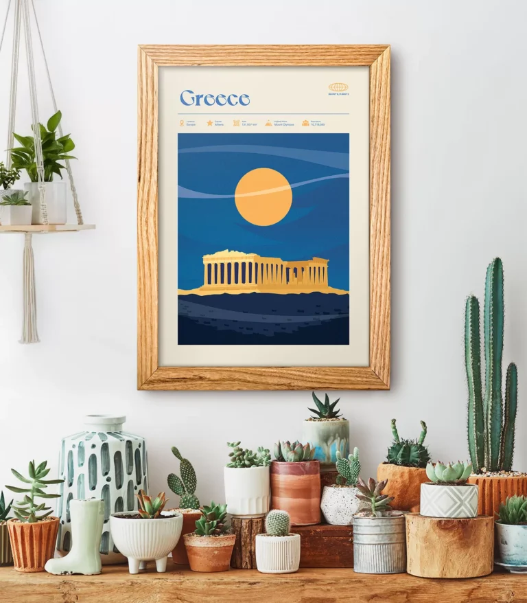 Mid-century modern Greece retro travel poster