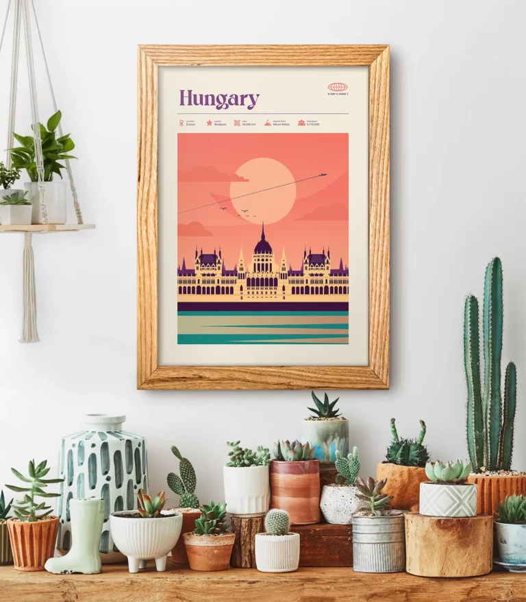 Mid-century modern Hungary retro travel poster