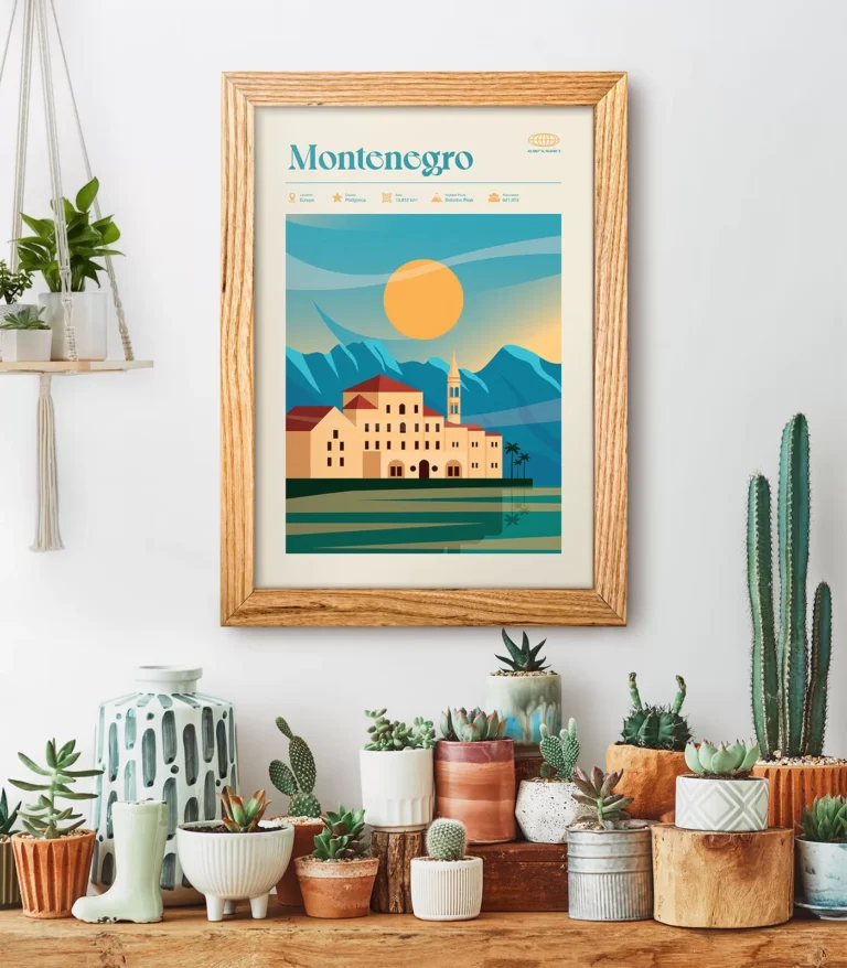 Mid-century modern Montenegro retro travel poster