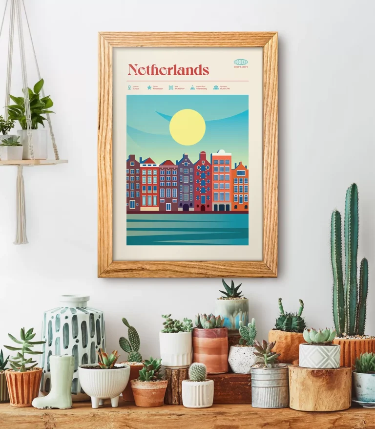 Mid-century modern Netherlands retro travel poster