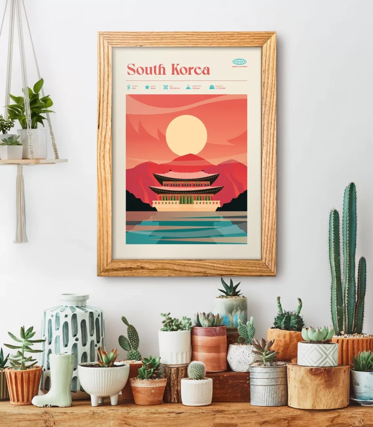 Mid-century modern South Korea retro travel poster