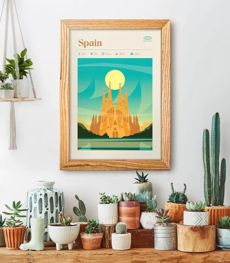 Mid-century modern Spain retro travel poster