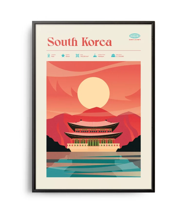 Mid-century modern South Korea retro travel poster