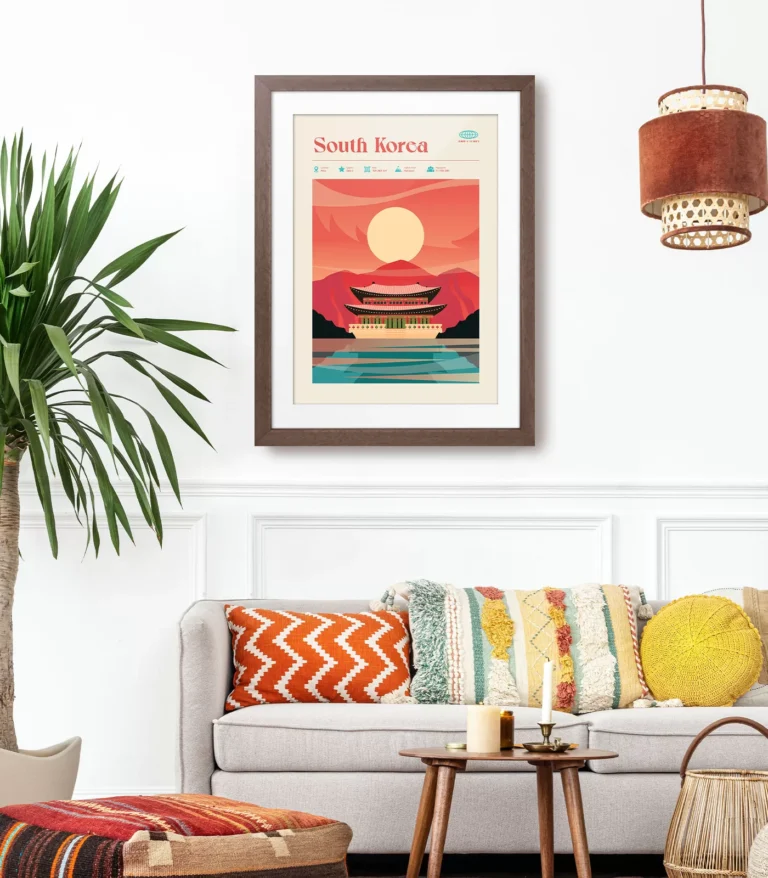 Mid-century modern South Korea retro travel poster