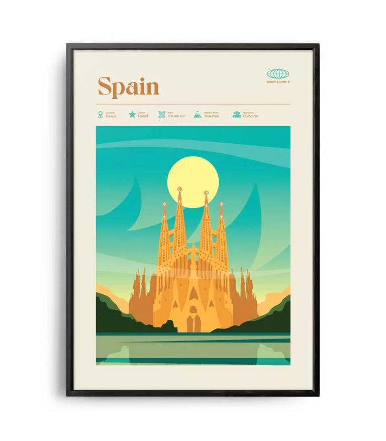 Mid-century modern Spain retro travel poster